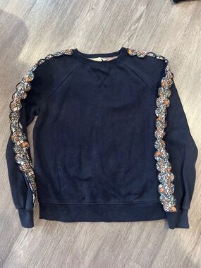 Boden navy blue sweatshirt with floral fabric ruffle along sleeves (size 4)